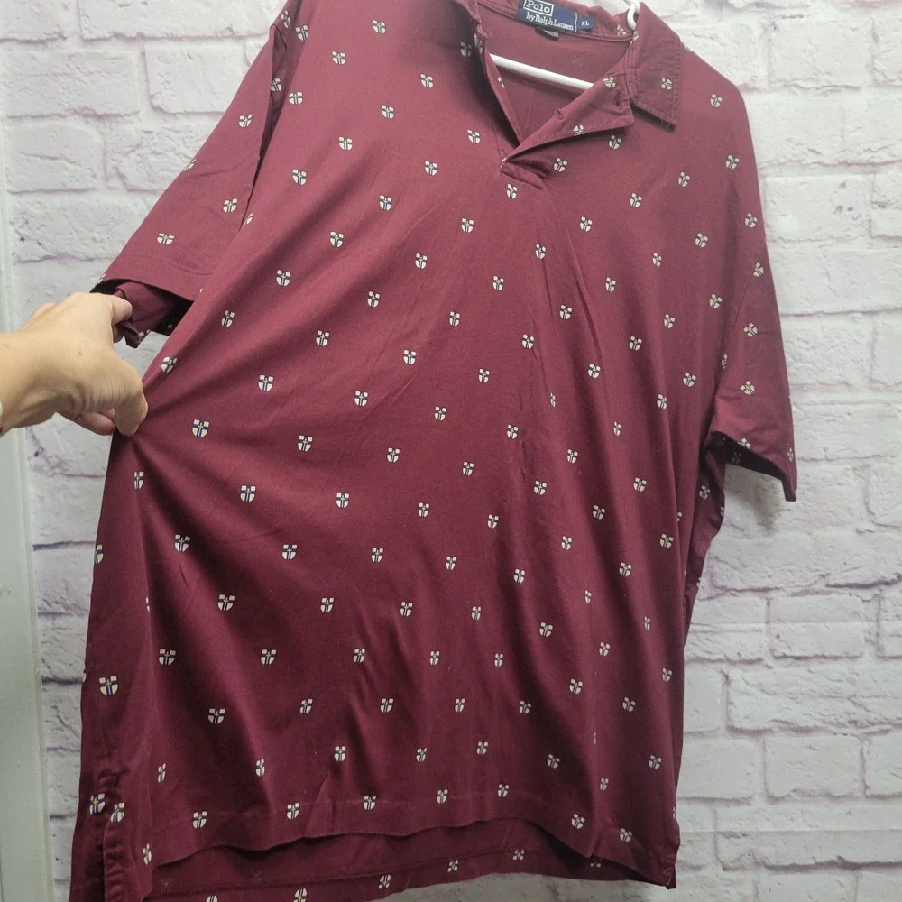 Ralph Lauren Crest All Over Print Polo Shirt Size XL Burgundy Maroon Golf Casual